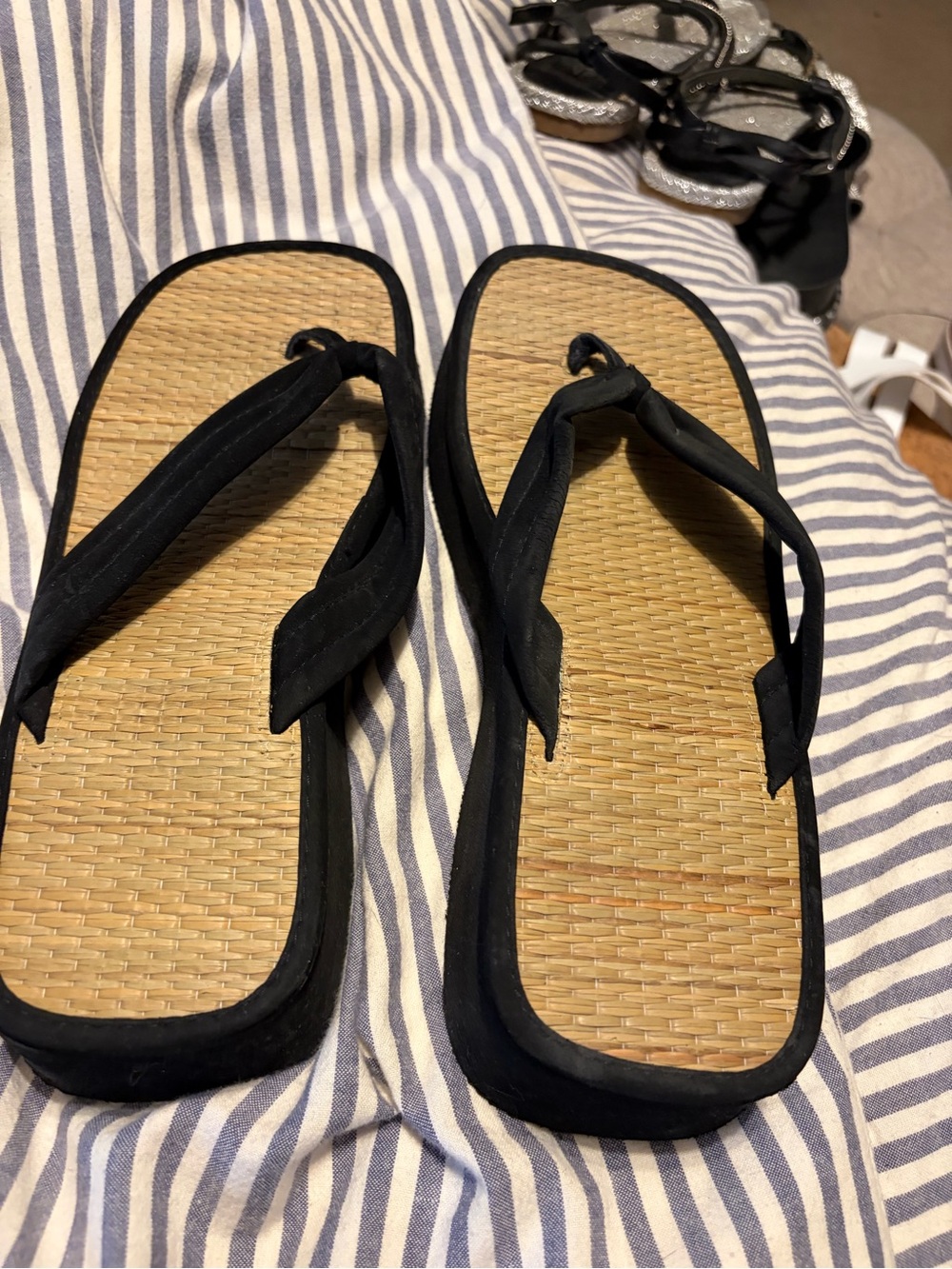 Black Strap Woven Footbed Flip Flops